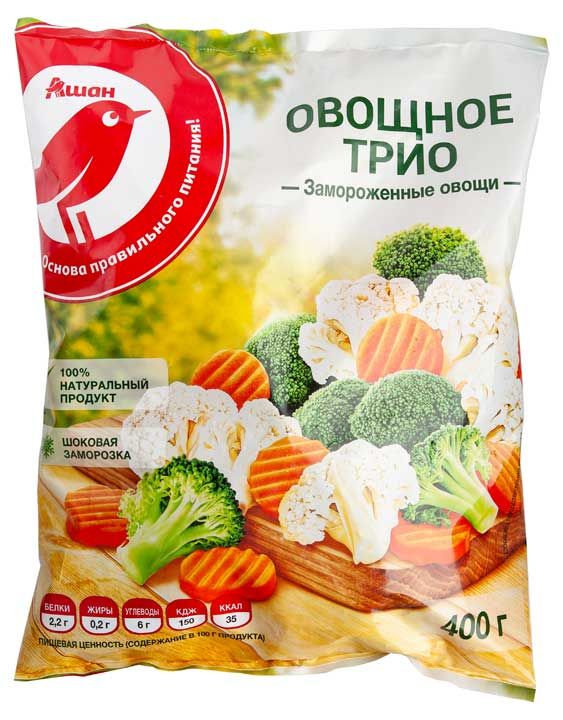 Овощная смесь АШАН Красная птица Трио морковь, капуста брокколи, цветная капуста замороженная, 400 г