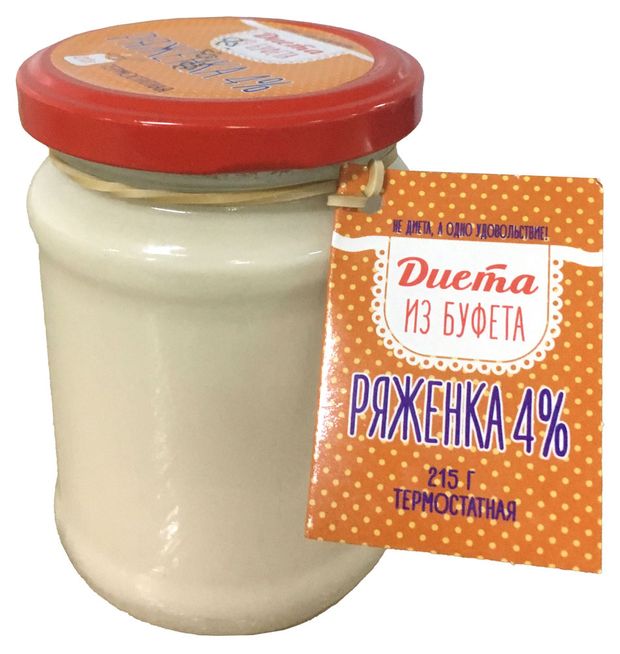 Напиток кисломолочный Ряженка термостатная Диета из Буфета в стеклянной банке 4% БЗМЖ, 215 г