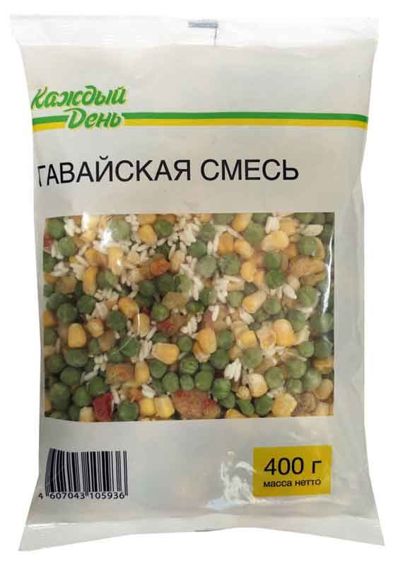 Овощная смесь Каждый день Гавайская смесь зеленый горошек кукуруза сладкий болгарский перец с рисом замороженная, 400 г
