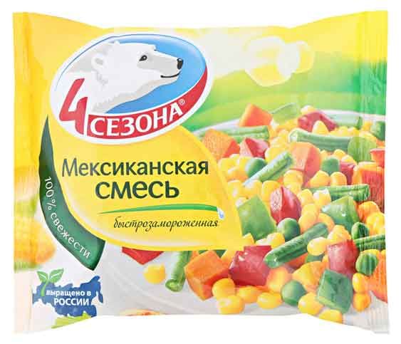 Овощная смесь 4 Сезона Мексиканская кукуруза морковь зеленый горошек болгарский перец фасоль стручковая замороженная, 400 г