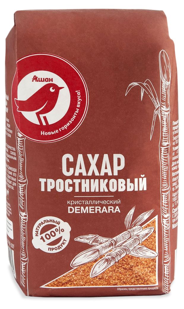 Сахар тростниковый АШАН Красная птица кристаллический 900 г 200₽