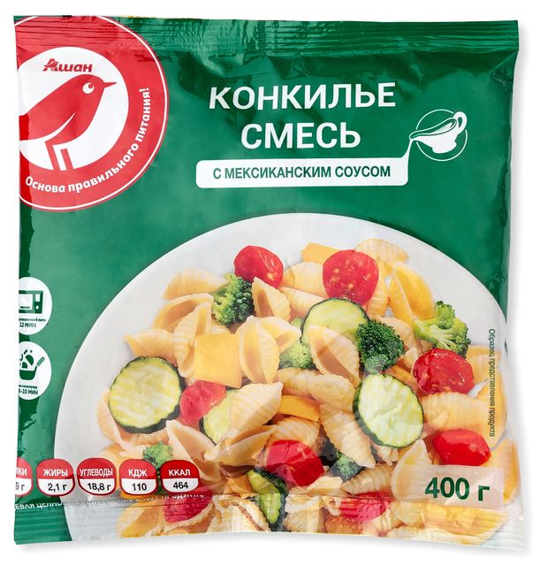Овощная смесь АШАН Красная птица Конкилье макароны с мексиканским соусом замороженная, 400 г