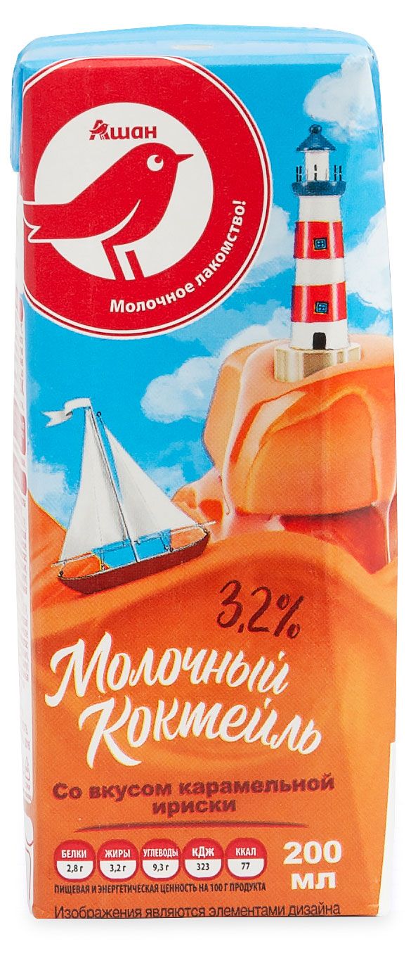 Коктейль молочный АШАН Красная птица Карамельная ириска стерилизованный 3,2% БЗМЖ, 200 г