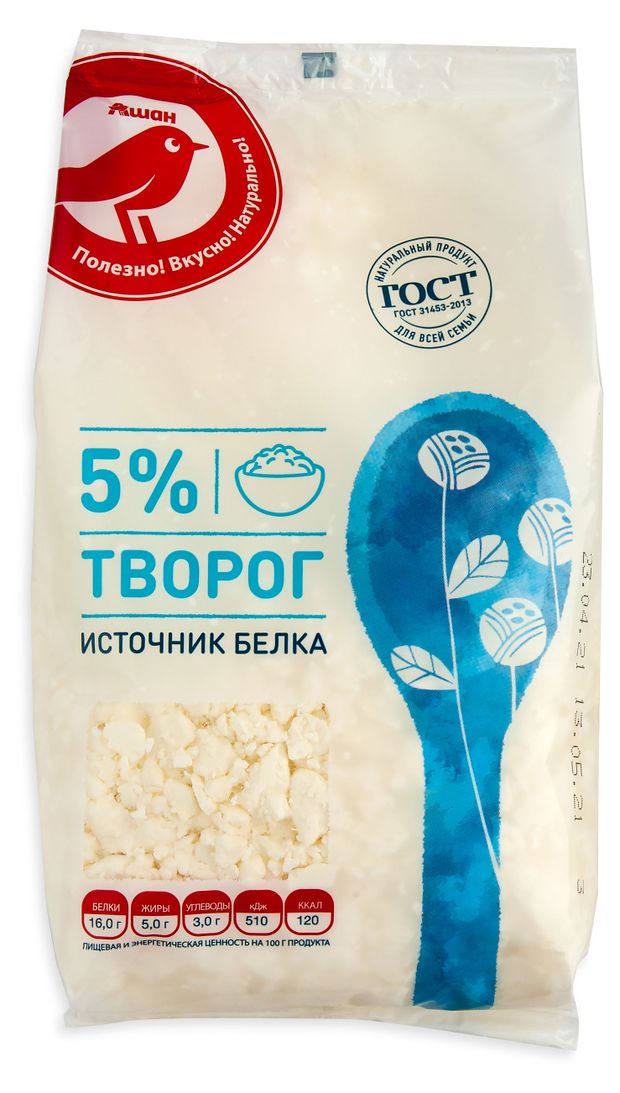 Творог рассыпчатый АШАН Красная птица ГОСТ 5% БЗМЖ, 750 г