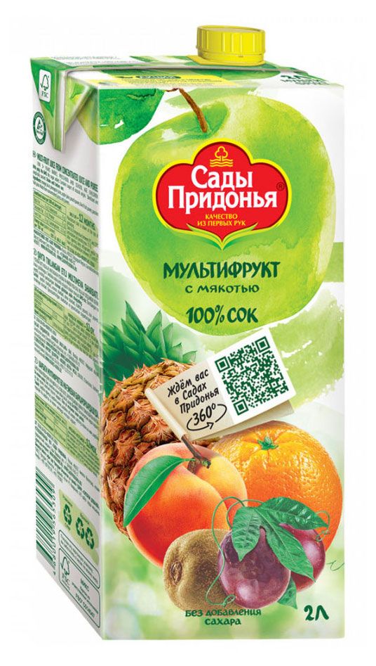 Вода, соки, напитки  Ашан Сок Сады Придонья Мультифрукт с мякотью без добавления сахара, 2 л