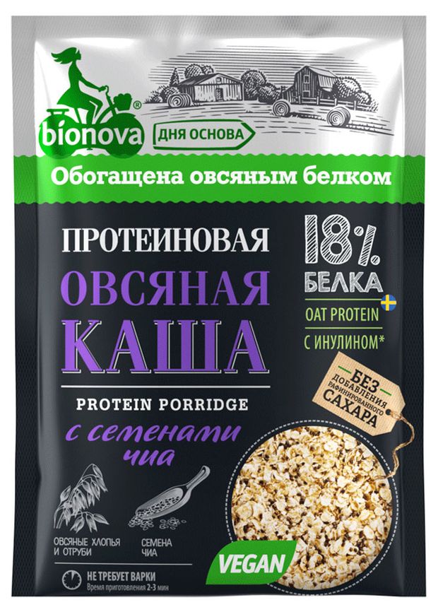 Каша овсяная Bionova протеиновая с семенами чиа 18 40 г 19₽