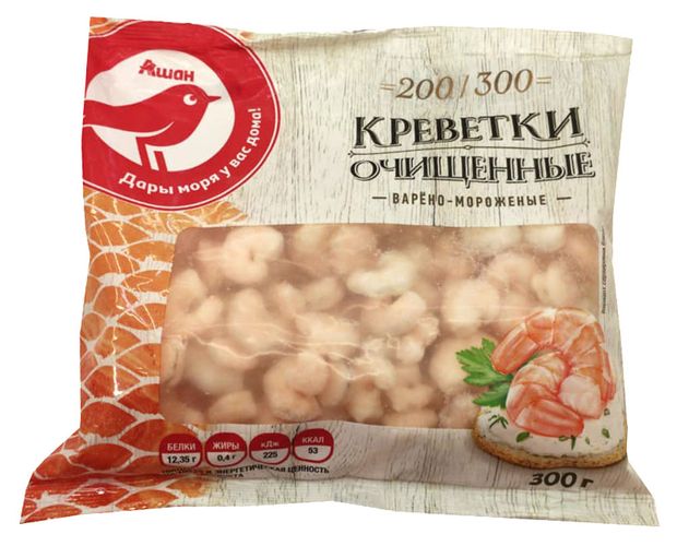 Креветки варено-мороженые АШАН Красная птица очищенные 200300 300 г 500₽