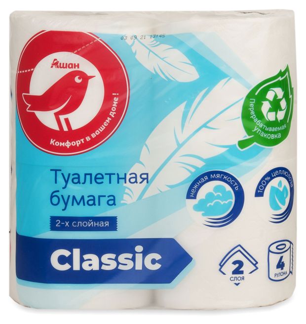 Туалетная бумага АШАН Красная птица 2 слоя 4 рулона 80₽
