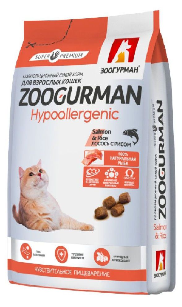 Сухой корм для взрослых кошек Зоогурман Hypoallergenic Лосось с рисом, 1,5 кг
