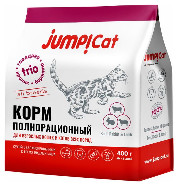 Корм сухой для кошек JUMP Cat Trio Adult со вкусом говядины кролика и баранины, 400 г