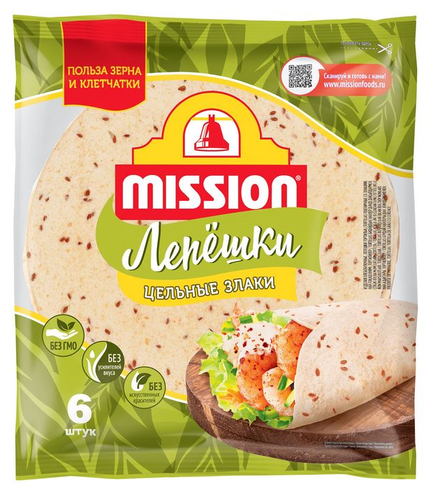 Лепешки пшеничные Mission Тортильи цельные злаки 6 шт, 250 г
