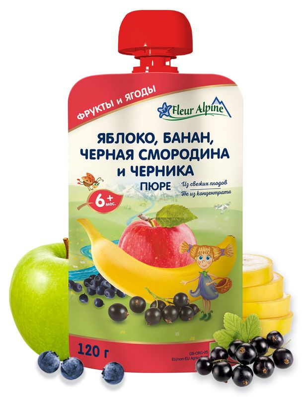 Пюре детское Fleur Alpine яблоко банан черная смородина и черника с 6 месяцев 120 г 170₽
