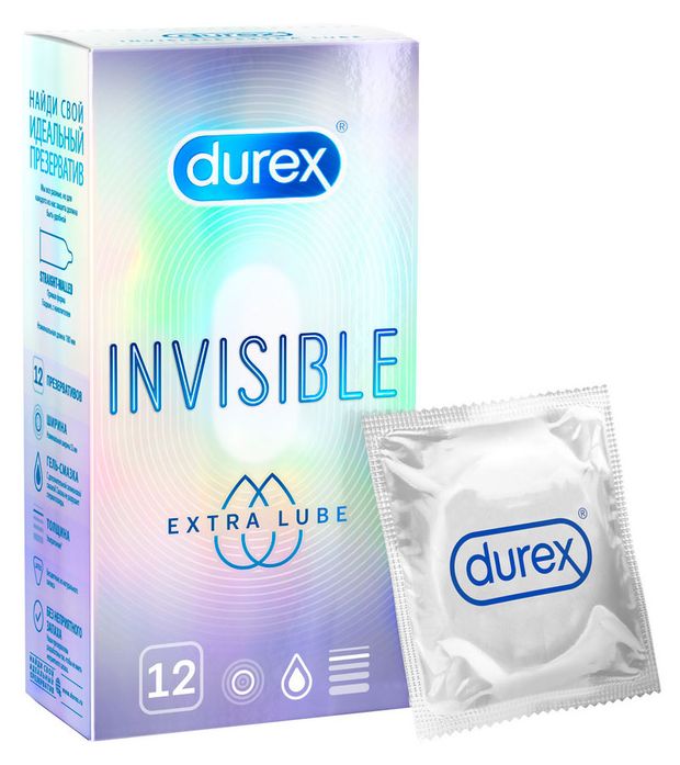 Презервативы из натурального латекса Durex Invisible Extra Lube No12 1480₽