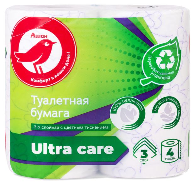 Туалетная бумага АШАН Красная птица цветная с тиснением 3 слоя 4 рулонов 90₽