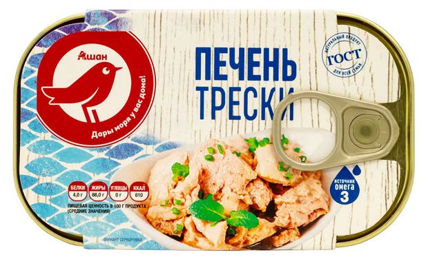 Печень трески АШАН Красная птица 115 г 225₽