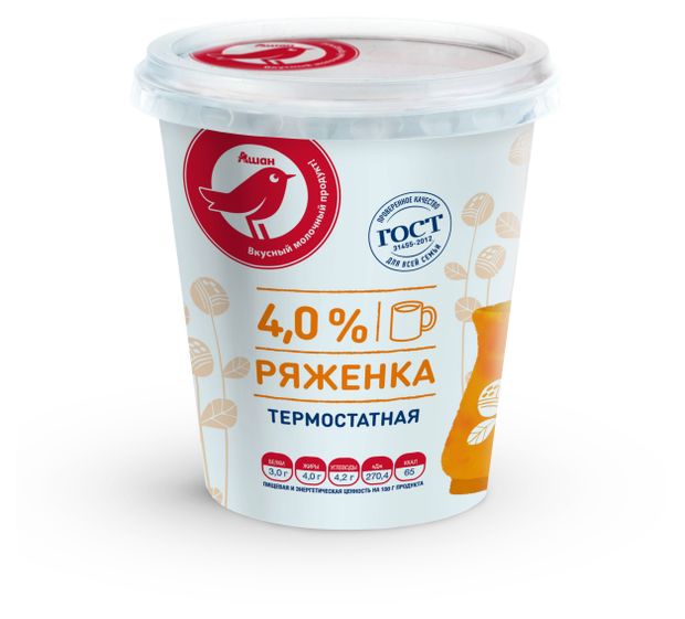 Напиток кисломолочный Ряженка АШАН Красная птица термостатная 4% БЗМЖ, 350 г