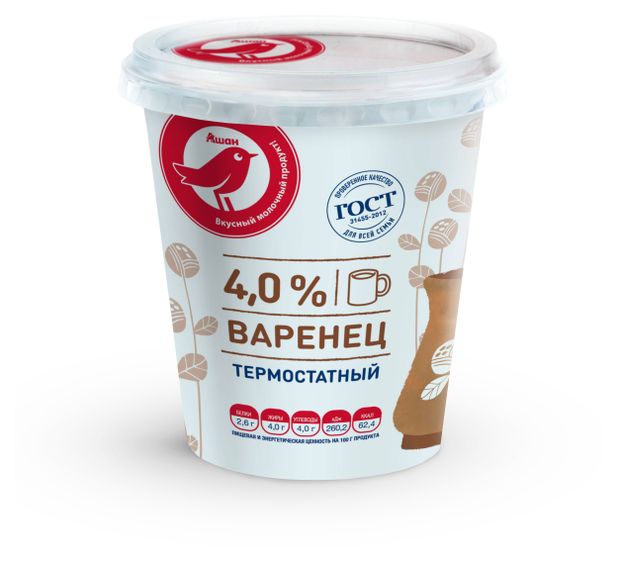 Варенец АШАН Красная птица термостатный 4% БЗМЖ, 350 г