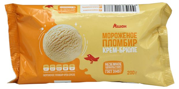 Мороженое пломбир АШАН Красная птица крем-брюле брикет ГОСТ БЗМЖ, 200 г