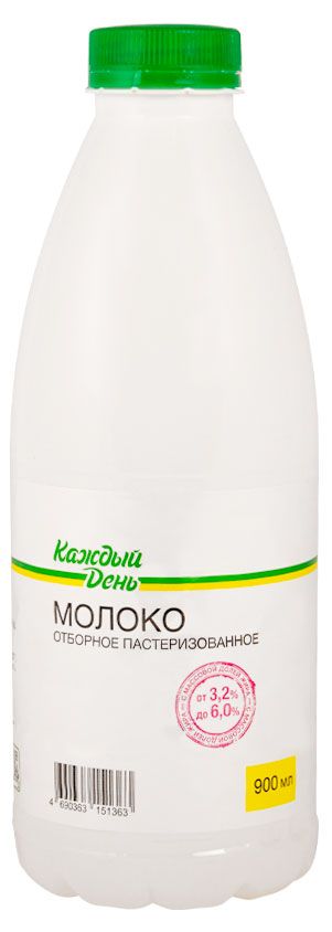 Молоко пастеризованное Каждый день цельное БЗМЖ охлажденное, 900 мл