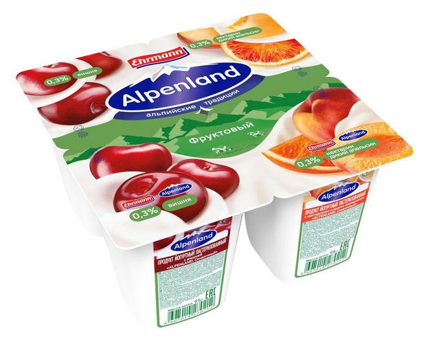 Йогурт Ehrmann Alpenland с нектарином диким апельсином и вишней 0,3% БЗМЖ, 95 г