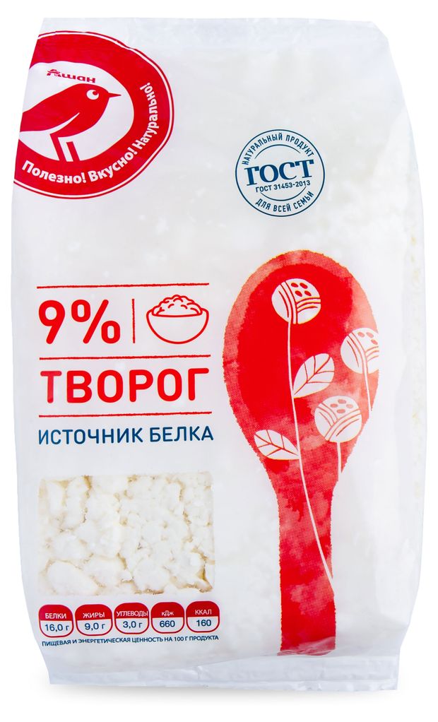 Творог классический рассыпчатый АШАН Красная птица в пакете 9% ГОСТ БЗМЖ, 750 г