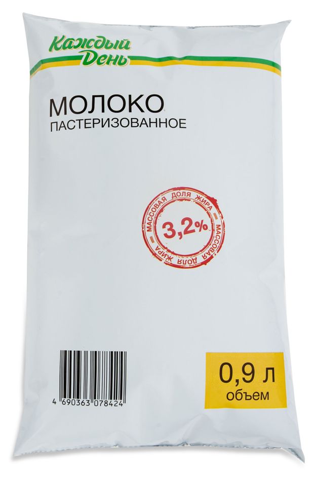 Молоко пастеризованное Каждый день в пакете 3,2% БЗМЖ охлажденное, 900 мл