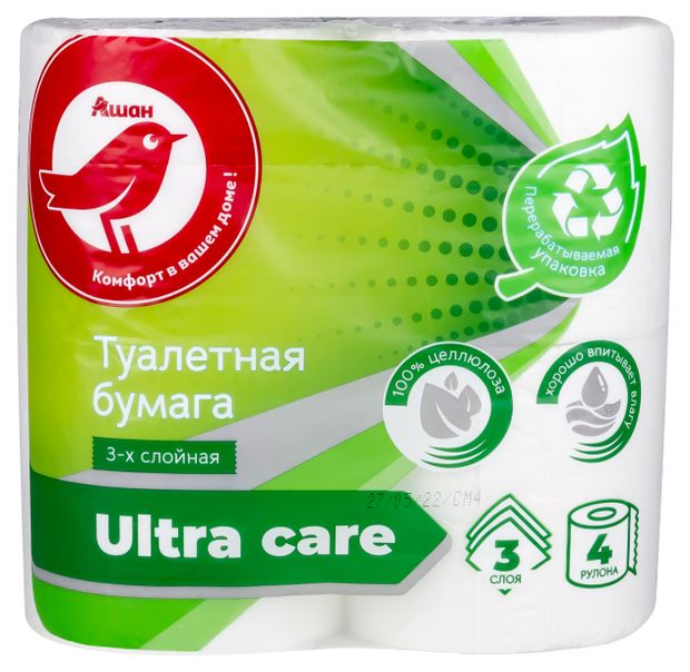 Туалетная бумага АШАН Красная птица 3 слоя 4 рулона 90₽
