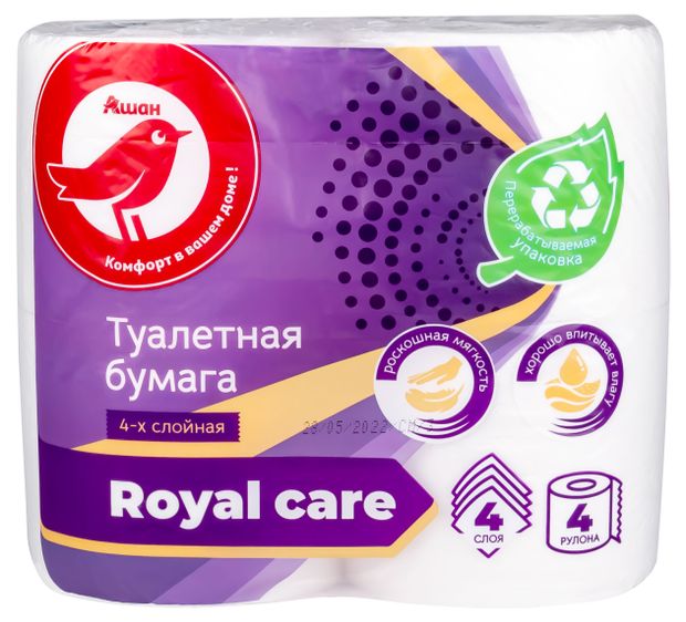 Туалетная бумага АШАН Красная птица 4 слоя 4 рулона 100₽