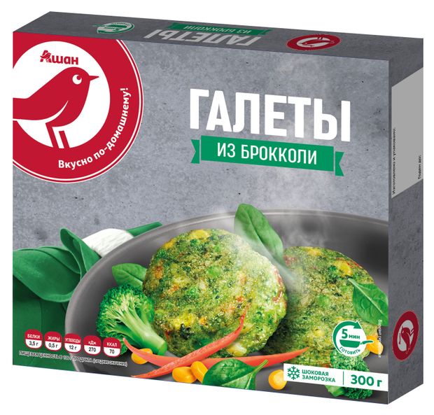Галеты овощные АШАН Красная птица из капусты брокколи замороженные, 300 г