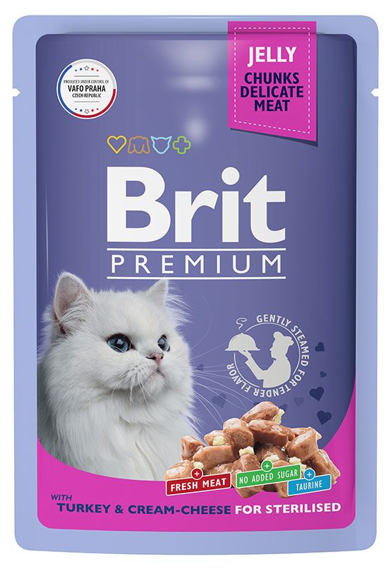 фото Корм влажный для кошек brit premium индейка с сыром в желе, 85 г
