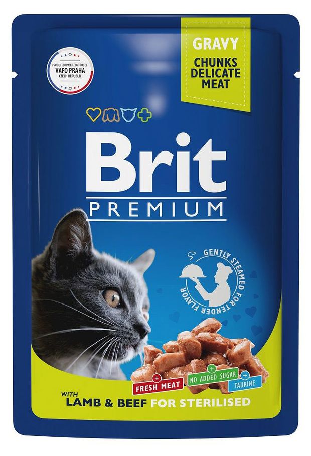 Корм стерилизованных для кошек Brit Premium ягненок и говядина в соусе, 85 г