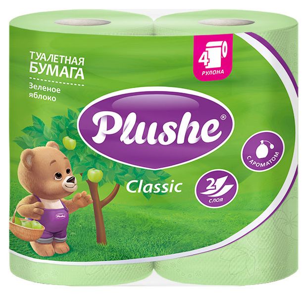 Туалетная бумага Plushe Classic Зеленое яблоко 2 слоя, 4 рулона