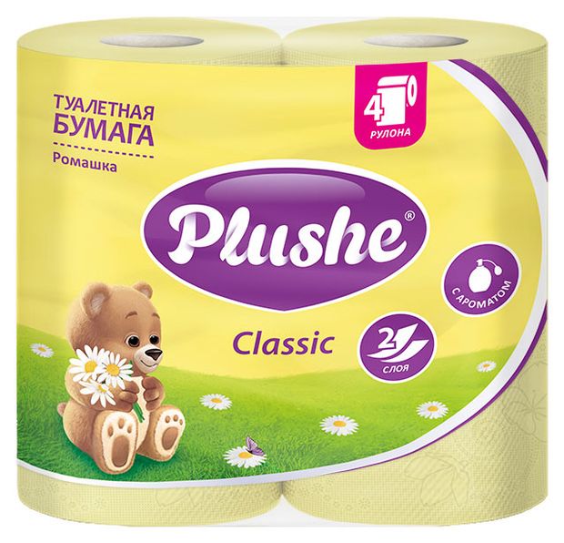 Туалетная бумага Plushe Classic Ромашка 2 слоя, 4 рулона