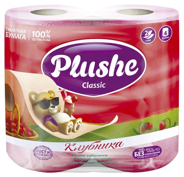 Туалетная бумага Plushe Classic Клубника 2 слоя, 4 рулона