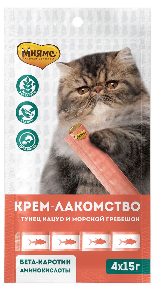 Зоотовары  Ашан Крем-лакомство для кошек Мнямс с тунцом Кацуо и морским гребешком, 4x15 г