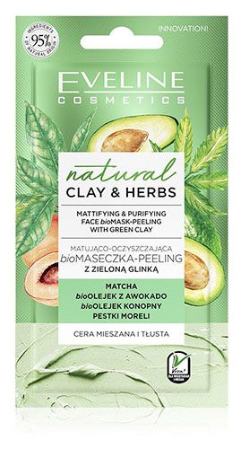 Маска-пилинг для лица Eveline Cosmetics Natural clay & herbs Зеленая глина матирующе-очищающая, 8 мл