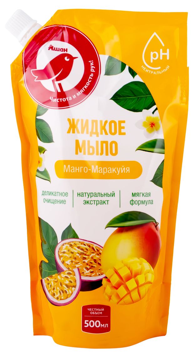 Мыло АШАН Красная птица жидкое с ароматом манго и маракуйи 500 мл 101₽
