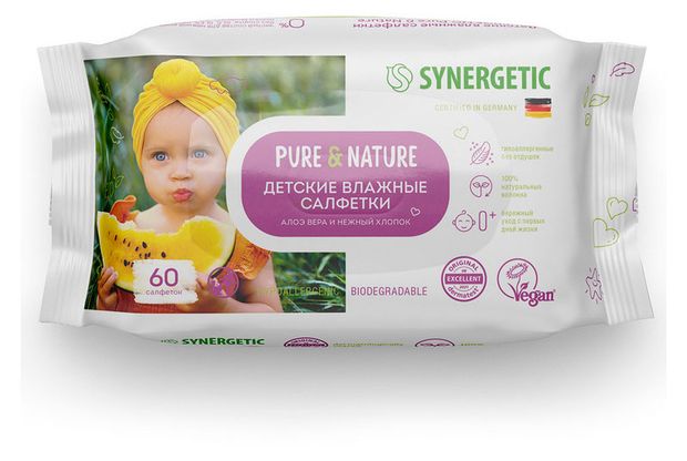 фото Салфетки влажные для детей synergetic pure&amp;nature алоэ вера и нежный хлопок, 60 шт