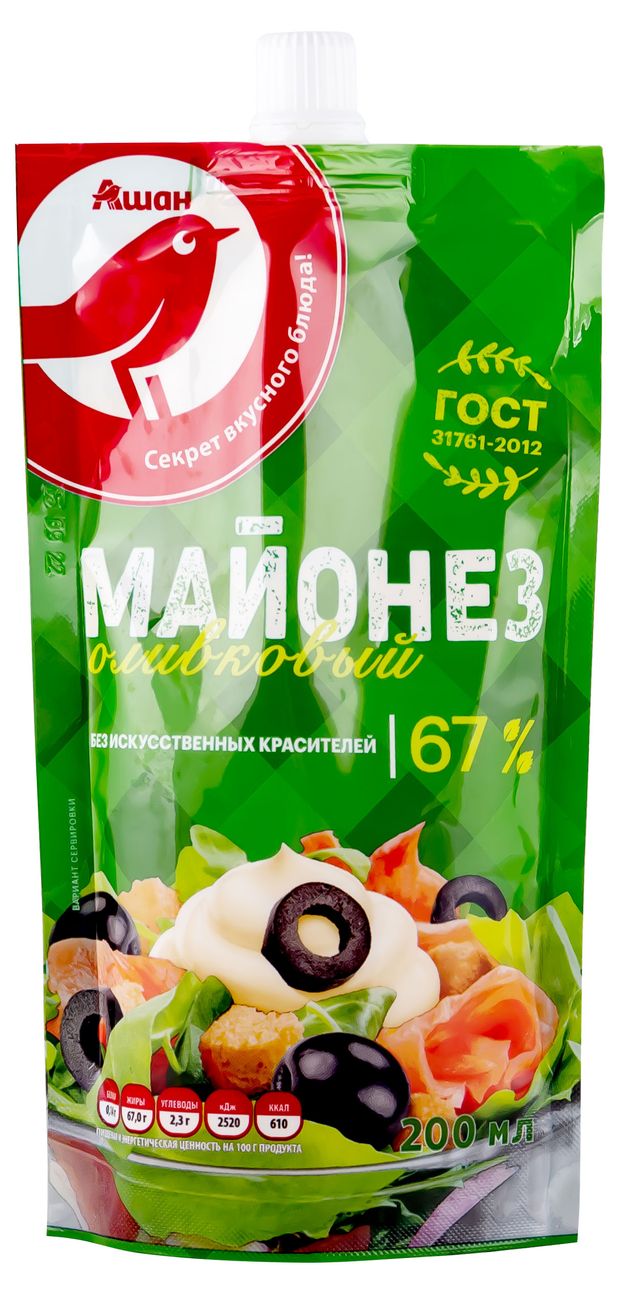 Майонез АШАН Красная птица оливковый 67% ГОСТ охлажденный, 200 мл