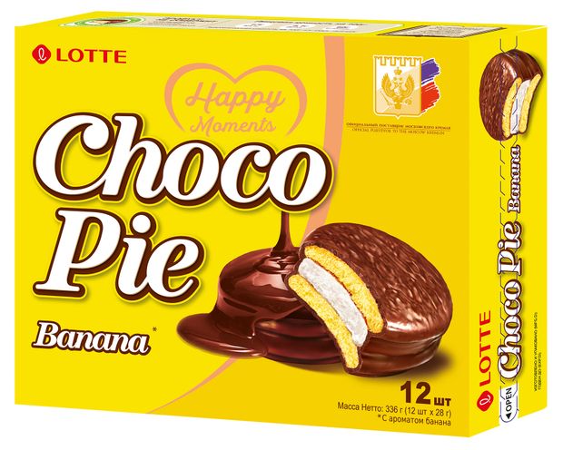 Печенье прослоенное Lotte Choco Pie глазированное со вкусом банана Корея, 336 г