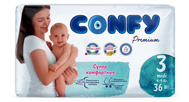 Подгузники Confy Premium Midi размер 3 4-9 кг 36 шт 899₽