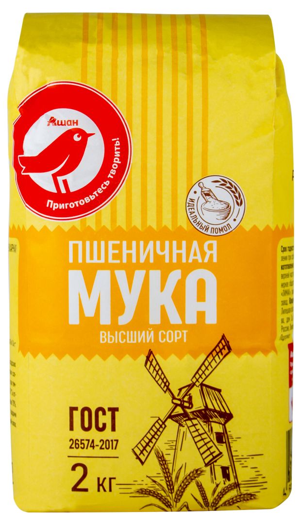 Мука пшеничная АШАН Красная птица высшего сорта, 2 кг