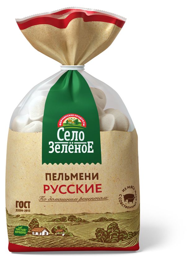 Пельмени мясные Село Зеленое Русские из свинины и говядины в пакете ГОСТ замороженные, 800 г