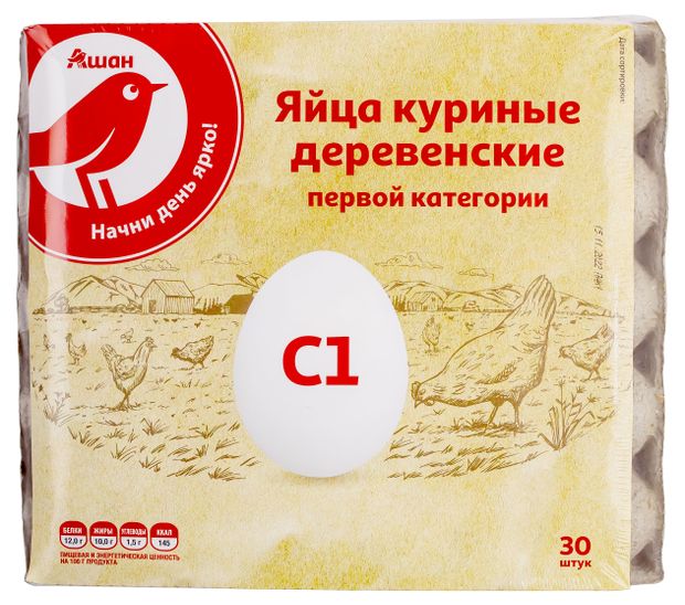 Молочные продукты, яйца Яйца куриные АШАН Красная птица деревенские С1 белое лоток, 30 шт