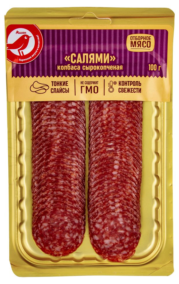Колбаса сырокопченая АШАН Красная птица Салями в нарезке 100 г 160₽