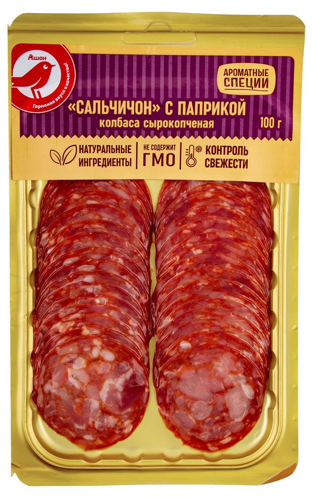Колбаса сырокопченая АШАН Красная птица Сальчичон с паприкой в нарезке 100 г 160₽