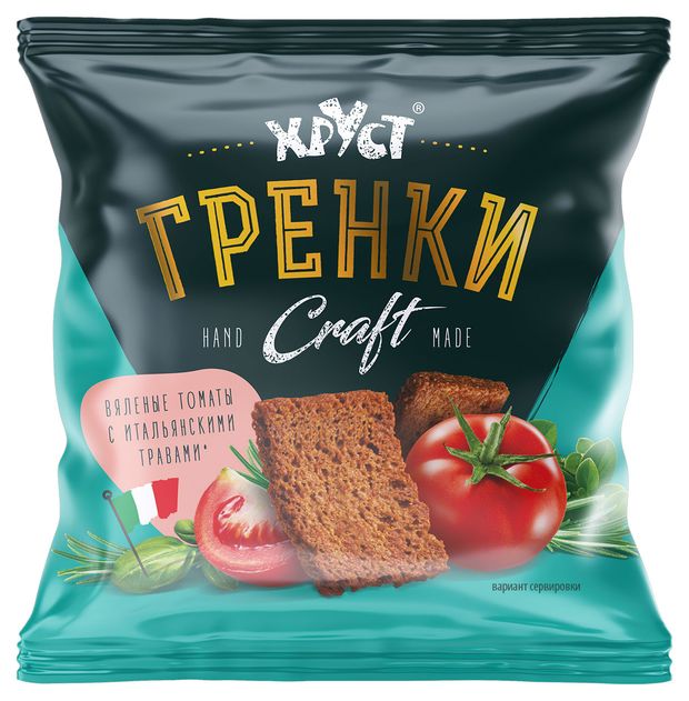 Чипсы, снеки, сухофрукты  Ашан Гренки Хруст ржано-пшеничные со вкусом вяленых томатов с итальянскими травами Craft, 75 г