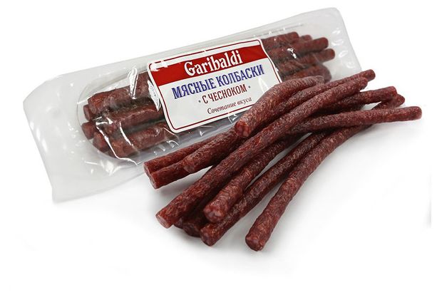 Мясные снеки Колбаски мясные мини сырокопченые Garibaldi из курицы с чесноком, ~ 300 гр