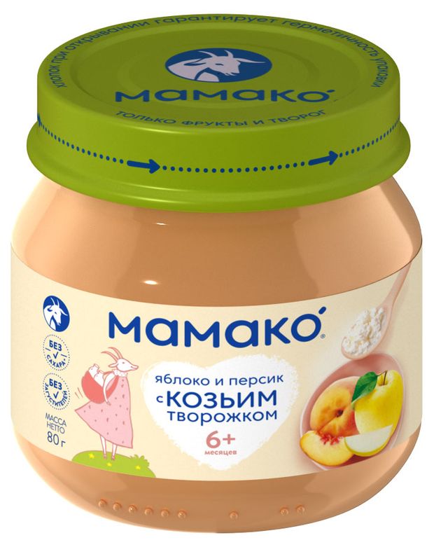 Пюре Мамако Яблоко и персик с козьим творогом с 6 месяцев, 80 г