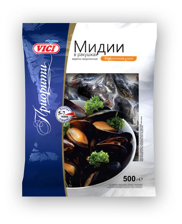 Мидии VICI Приорити в ракушках в чесночном соусе замороженные 500 г 390₽